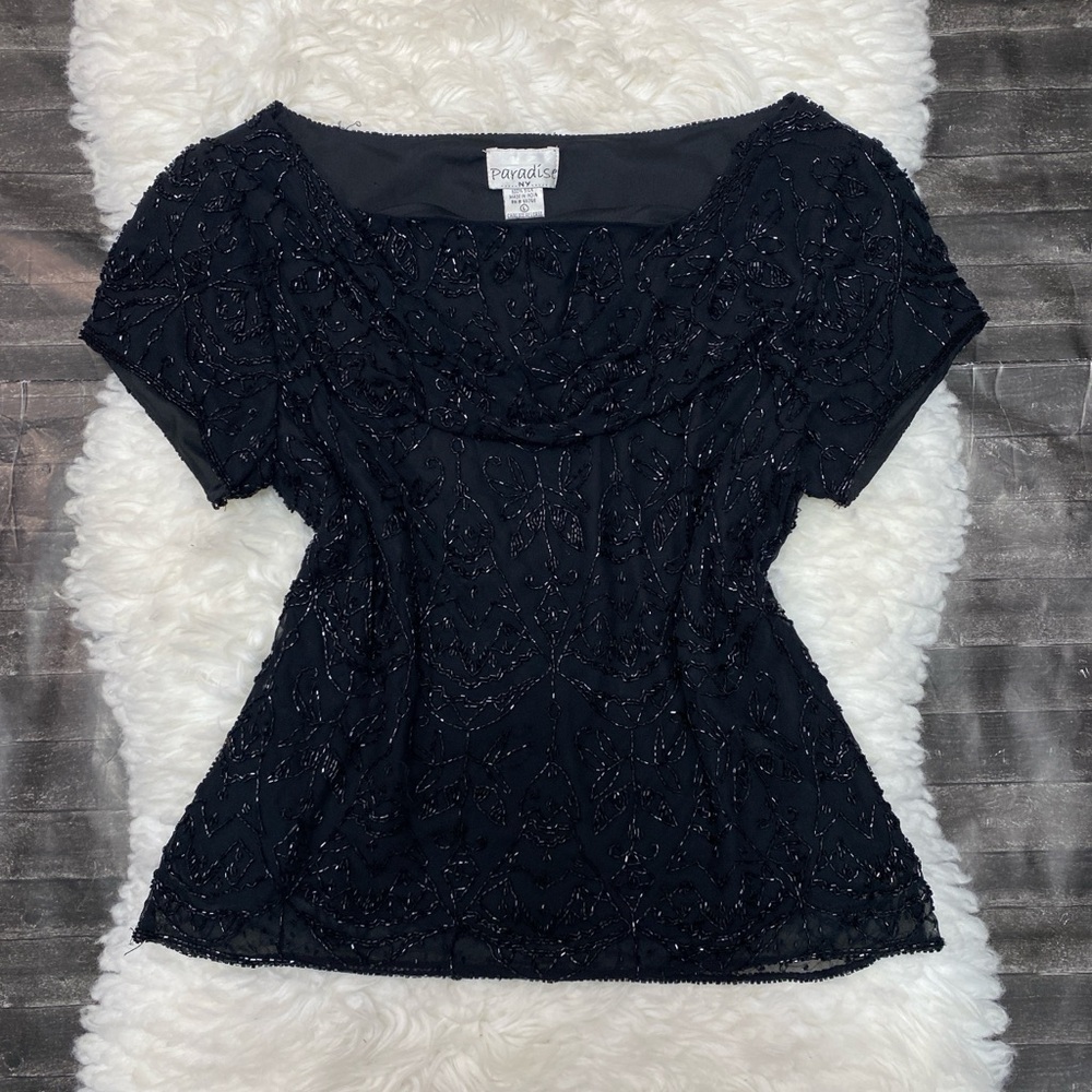 PARADISE NY BLACK BEADED SHEER SILK DRAPED NECK BLOUSE GRUNGE WHIMSICAL FAIRY